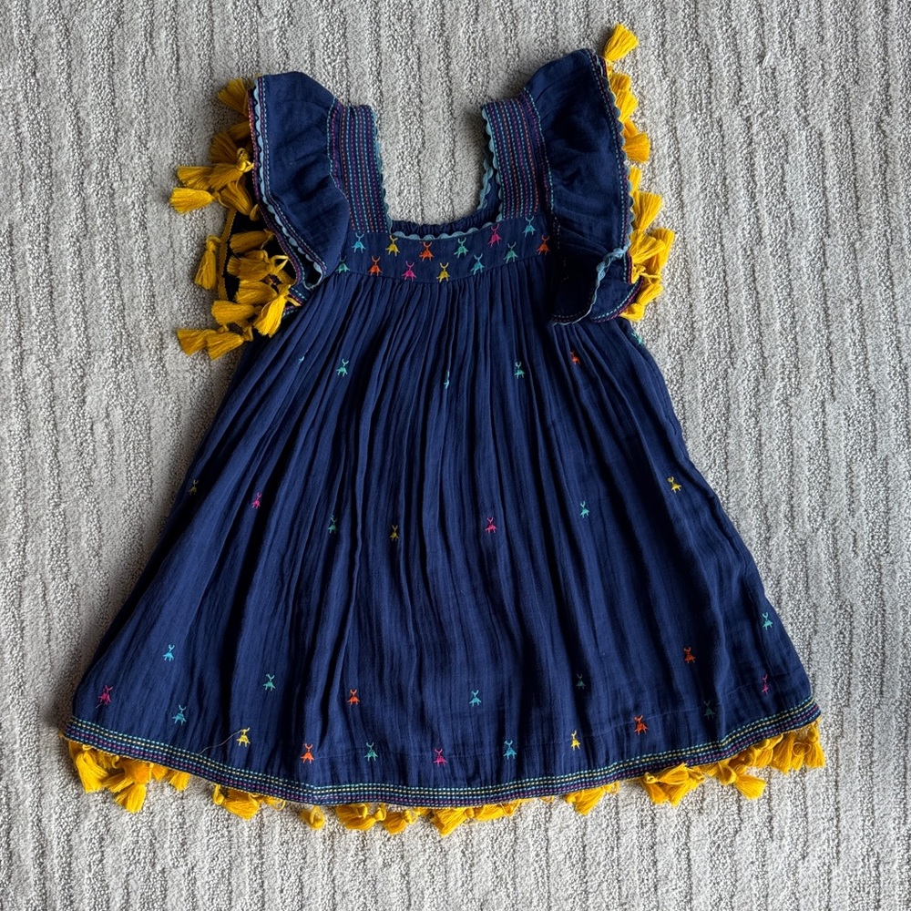 Mer St. Barth Girls Navy Linen Dress with Yellow Tassel Trim size 8